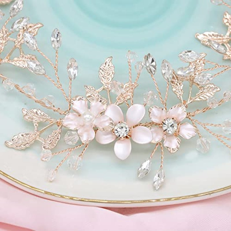 Braveamor Rose Gold Bridal Hair Vine Bohemian Style Wedding Headpiece Crystal Pearl Headband Flower Leaves Halo Wedding Hair Accessories