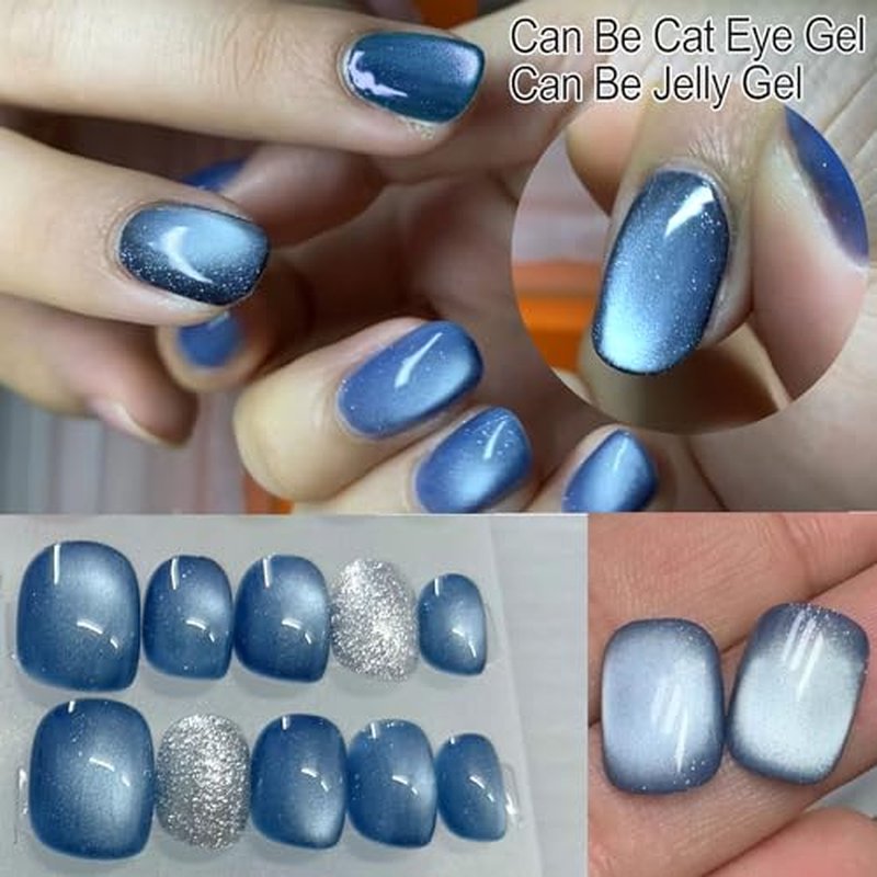 YEPYEPGO Moonlight Cat Eye Gel Nail Polish, Ceramic Jelly Cats Gel Polish with Magnet Stick, Magnetic Cat Eyes Gel Crystal Sock Off Nail Art DIY at Home- Shimmer Navy Blue