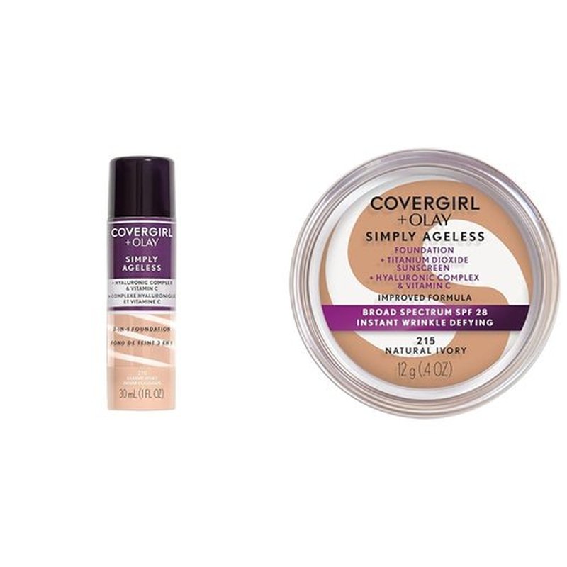 COVERGIRL+OLAY Simply Ageless 3-in-1 Liquid Foundation, Classic Ivory & & Olay Simply Ageless Instant Wrinkle-Defying Foundation, Natural Ivory