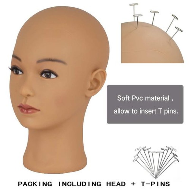 HAIRWAY Bald Mannequin Head Female Professional Cosmetology Training Head Bald Manikin Head for Wigs Making and Display Doll Head with Free T-pins (Light Brown 21.5 Inch)