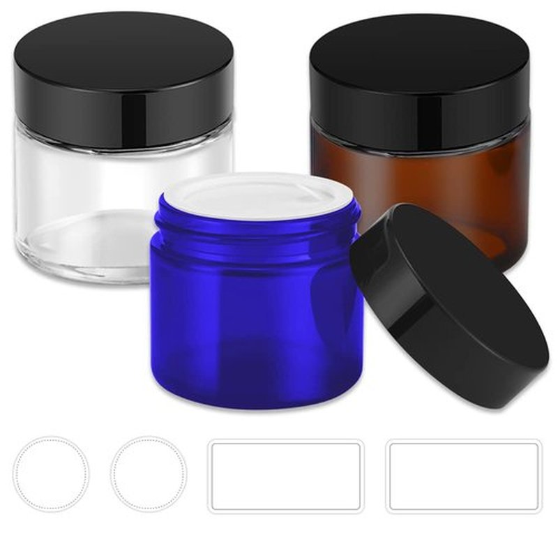 Bumobum 2 oz Glass Jars with Lids, 3 pack Small Jars with White Labels & Inner Liners, Multicolor 60 ml Empty Round Cosmetic Containers for Sample, Powder, Cream, Lotion, Spice