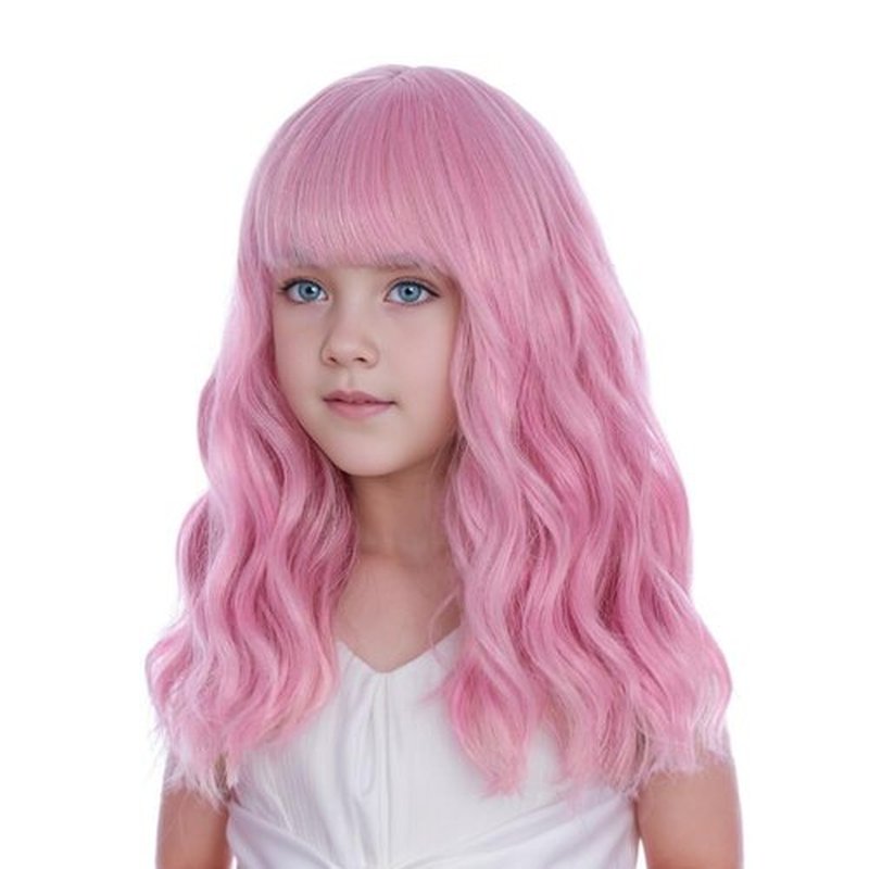 DUDUWIG Girls Light Pink Wig with Air Bangs Kids Short Pink Wavy Curly Wigs Child Pink Wig with Bangs Synthetic Cosplay Hair Wig