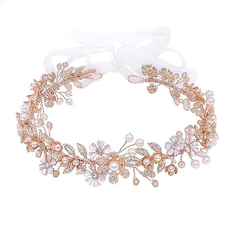 Ammei Headpiece Wedding Headband Tiara Flower Leaves Design Hair Vine With Pearls And Rhinestones (Rose Gold)