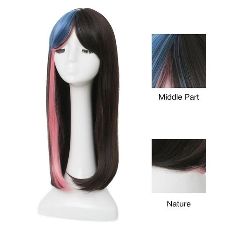 Tseses Long Straight Black Mix Pink Womens Wig Natural Synthetic Hair with Highlight Pastel Bangs Heat Resistant Middle Part Wig for Cosplay Daily Use（Black Pink and Blue）
