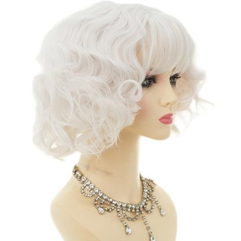 Dai Cloud Short White Bob Wig with Bangs for Women Synthetic Curly Natural Heat Resistant Fiber Hair Wig for Cosplay Daily Use