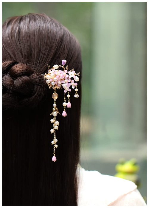 Yuri Hairpin Hair Clasp Sticks Picks Pearl Shell White Crystal Long tassels Hair Accessories For Long Hair Women Wedding Hanfu Cheongsam (white flower)