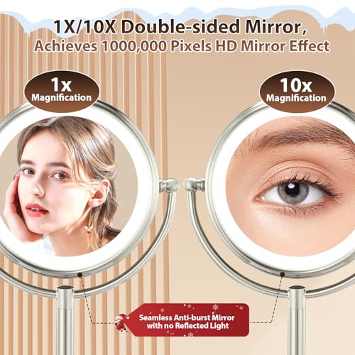 Professional 8.5" Large Lighted Makeup Mirror with Brighter Lights, 1X/10X True HD Magnifying Mirror with 3 Color Dimmable Lights, 80 Shadowless LEDs, 360°Swivel Seamless Vanity Mirror, Pearl Nickel
