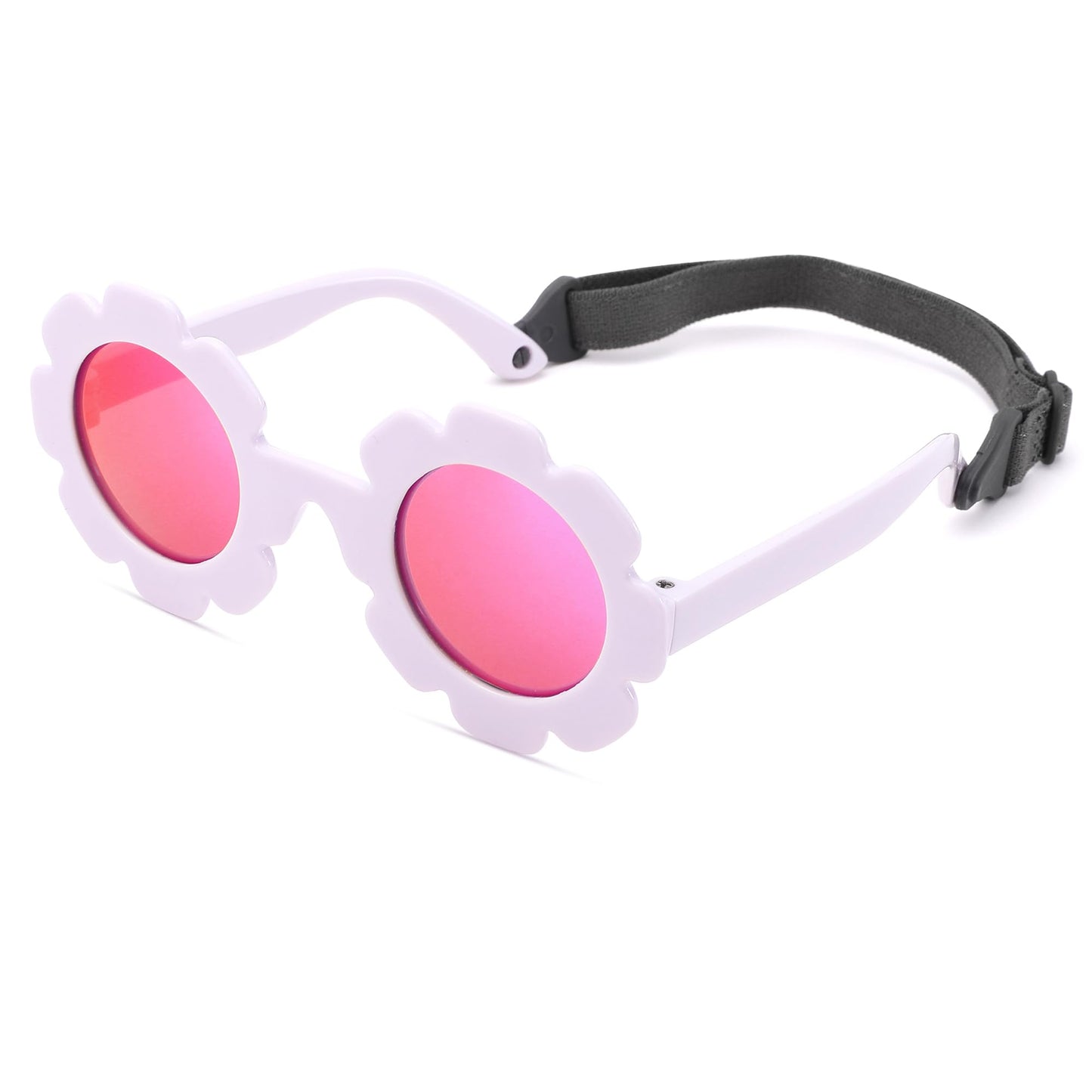 NULOOQ Polarized Baby Sunglasses with Strap – Flexible Flower Shaped Sunglasses for Toddler & Infant Age 0-24 Months (Light Purple/Purple Red Mirrored)