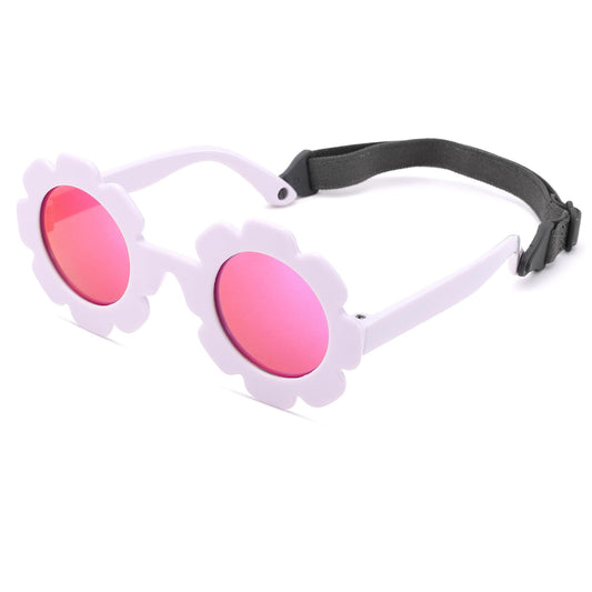 NULOOQ Polarized Baby Sunglasses with Strap – Flexible Flower Shaped Sunglasses for Toddler & Infant Age 0-24 Months (Light Purple/Purple Red Mirrored)