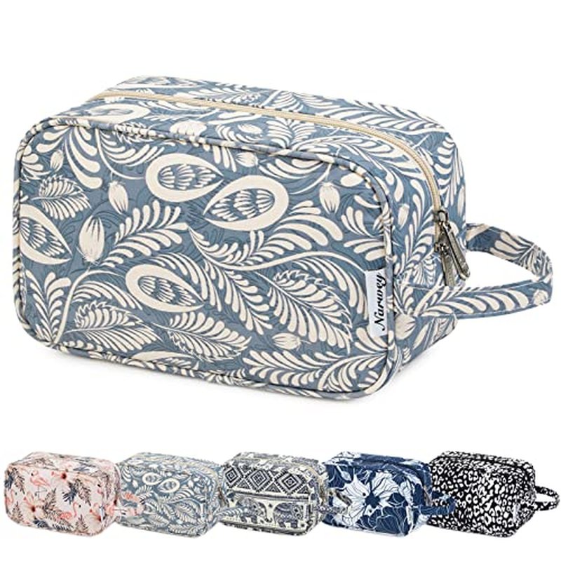 Narwey Travel Toiletry Bag for Women Traveling Dopp Kit Makeup Bag Organizer for Toiletries Accessories Cosmetics (Blue Leaf)