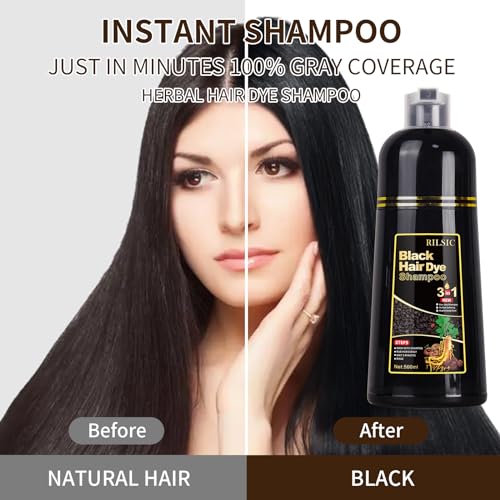 RILSIC Hair Dye Shampoo 3 IN 1 for Women & Men, Instant Black Hair Color, 100% Grey Hair Coverage, Natural Black Hair Dye Coloring in Minutes (500ML)