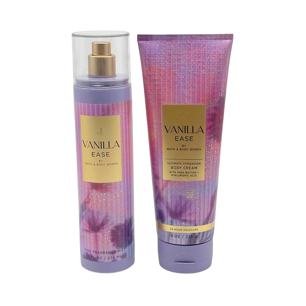 Bath & Body Works VANILLA EASE Fine Fragrance Mist & Ultimate Hydration Body Cream 2-piece Gift Set with a Purple Bow for Gifts & Holidays – Full Size