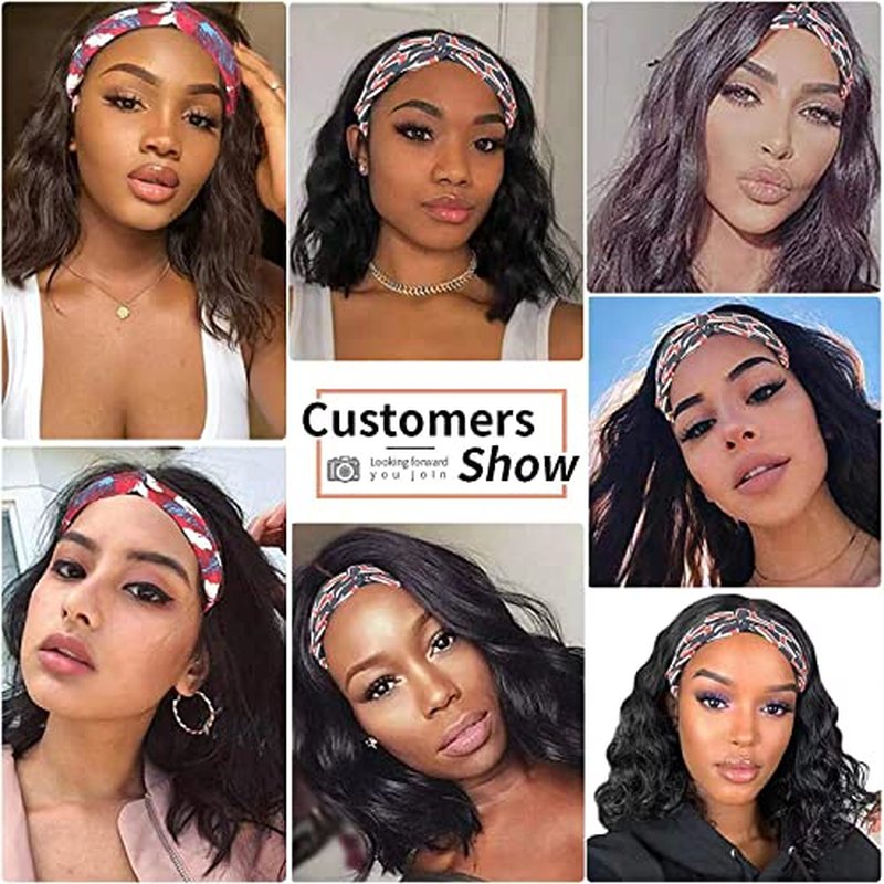 Gusif Headband Wig Short Wavy Wigs for Black Women Bob Wig Glueless Synthetic Shoulder Length Wigs 14 Inch Headwrap Wigs with Headband Attached (#6/8)