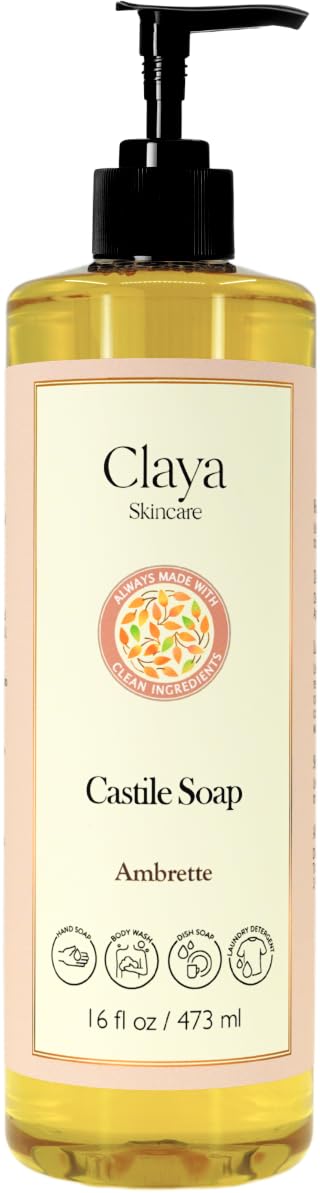 Claya Ambrette Liquid Castile Soap – Organic Ingredients, Biodegradable, Gentle for Sensitive Skin and Versatile Use (16 fl oz (Pump Cap))