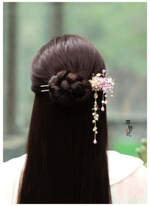 Yuri Hairpin Hair Clasp Sticks Picks Pearl Shell White Crystal Long tassels Hair Accessories For Long Hair Women Wedding Hanfu Cheongsam (white flower)