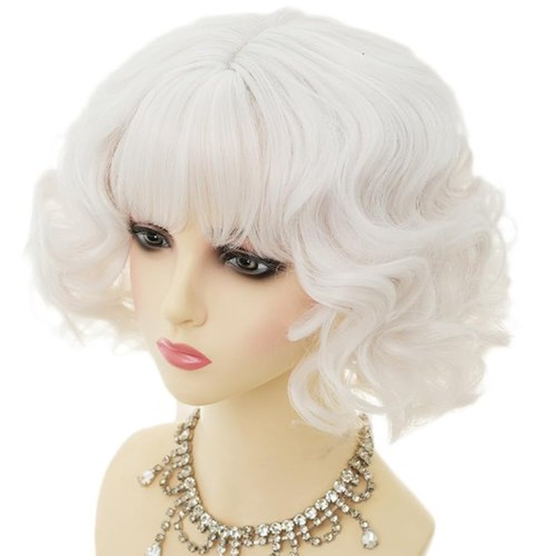 Dai Cloud Short White Bob Wig with Bangs for Women Synthetic Curly Natural Heat Resistant Fiber Hair Wig for Cosplay Daily Use