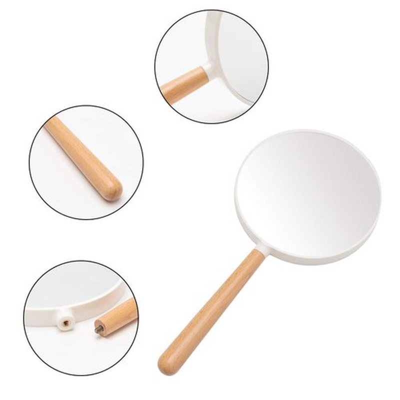 YEAKE Hand Held Mirror with Handle for Makeup, Small Cute Wood Hand Mirror for Shaving with 3X Magnifying Double-Side Portable Travel Vanity Mirror for Men&Women (Detachable White Round)