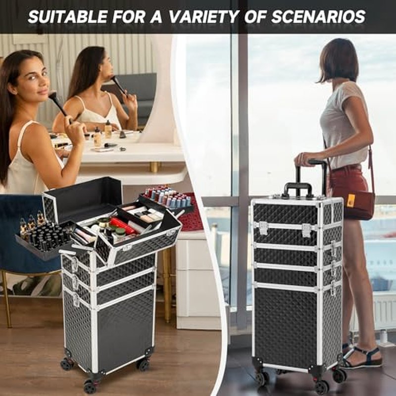 Leeora&Leekoo Portable Multi-Storey Nail Case for Nail Tech Organizer - Wheels Makeup Case Organizer, Cosmetic Case, Makeup Train Case, Make Up Case (Black)
