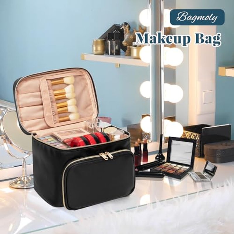Large Makeup Bag, Portable Travel Makeup Bag for Women Girls with Makeup Brush Compartment, Stylish Makeup Bag Organizer Cosmetic Case With Handle and Divider - Black