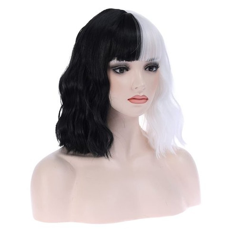 MAGQOO Half Black White Wig with Bangs Women Girls Short Curly Wavy Bob Wig Black and White Hair Wigs Halloween Cosplay Costume Party Wig