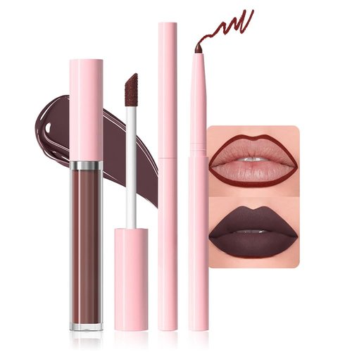 JUAAZIN 2pcs Wine Matte Lip Liner and Lipstick Makeup Set, Vegan Lipstick Lip Liner and Gloss Set Lip Stain Long Lasting Waterproof Smudge-Proof Properties Non-stick Cup(Wine 02#)