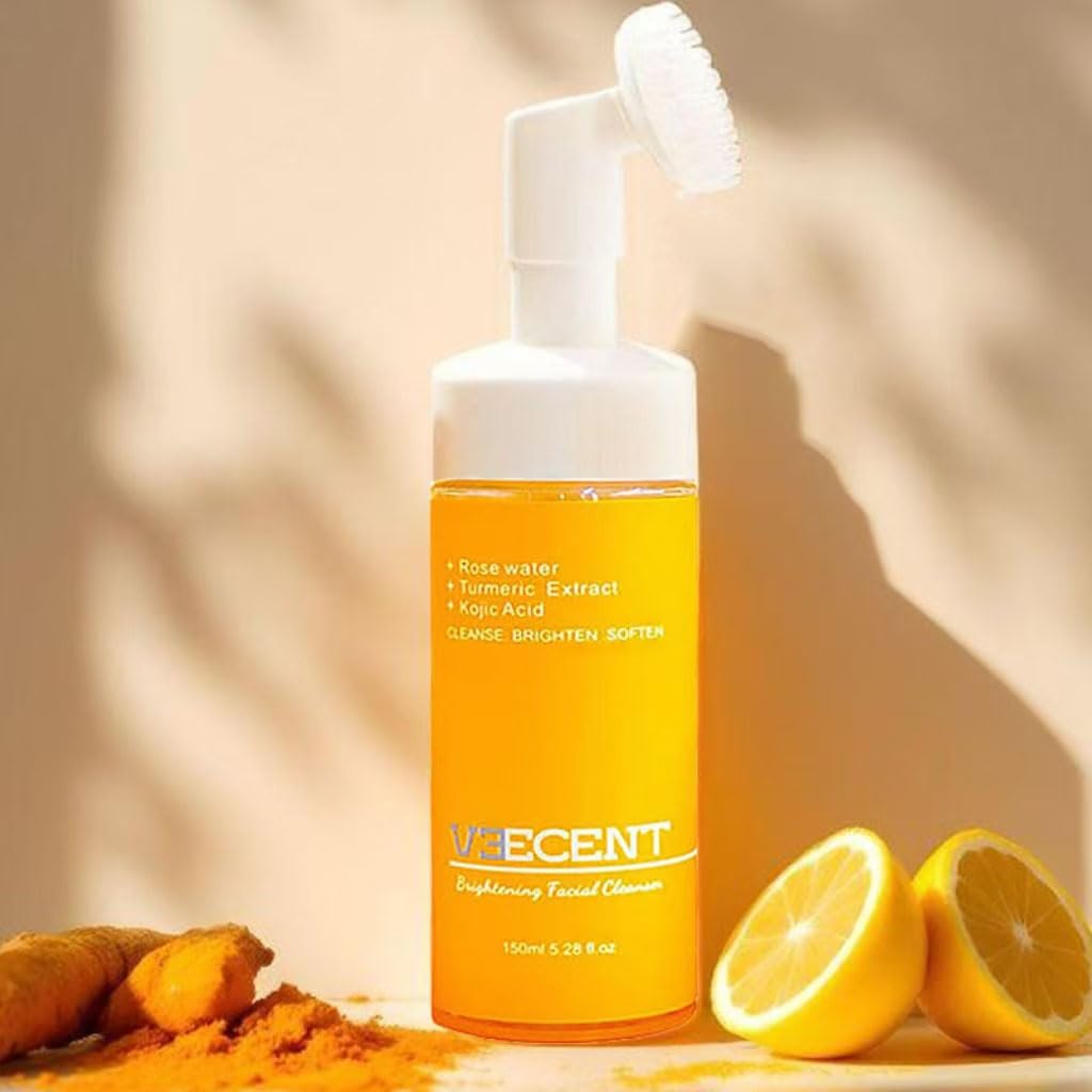 VEECENT Turmeric, Kojic Acid Brightening and Whitening Foaming Facial Cleanser,Reduce Dark Spot, Silicone Brush Cleansing Skincare Hydrating Facial Cleansing for All Skin