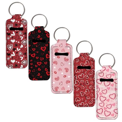 SEANATIVE Valentine's Day Love 5 PCS Lipstick Holder Keychain Chapstick Holder Lip Balm Holder Keyring Portable Neoprene Lipstick Holder Lipstick Pouch with Metal Key Ring for Travel Carry Lipstick