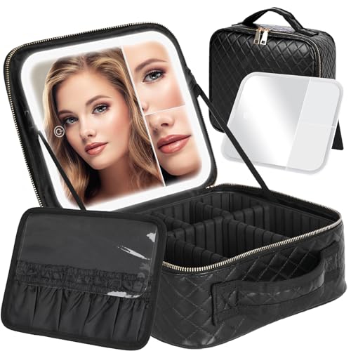 MAYFIY Makeup Bag with LED Mirror and Travel Makeup Train Case Cosmetic Organiser with 2X3X Magnifying Mirror and Separate Makeup Brush Panel, Portable Adjustable Divider Storage Bag, Black