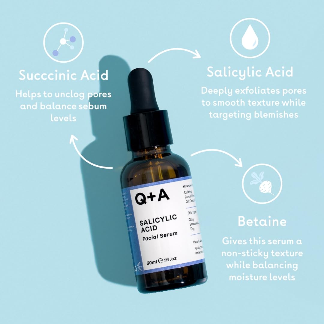 Q+A Salicylic Acid Serum (30ml), Exfoliating, Pore-Minimising and Oil-Controlling Face Serum for Blemish-Prone Skin, Skincare With Salicylic Acid, Succinic Acid and Betaine