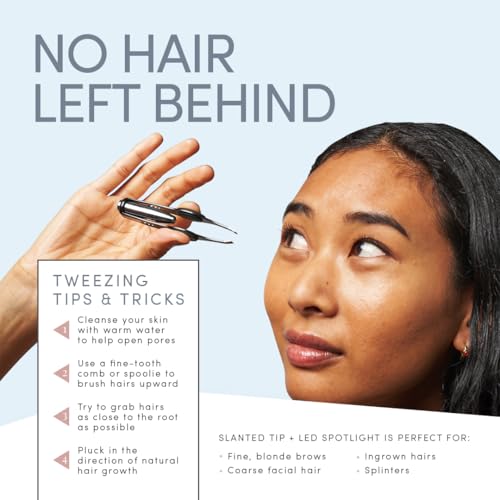 Tweezer Guru Pro Illuminating Eyebrow Tweezers for Women & Men Professional Stainless Steel Slanted Tweezers with LED Light Mirror Pouch Precision Tweezers for Brow Facial Hair Ingrown Hair Silver