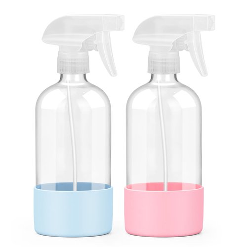 Worldgsb 2 Pack Glass Spray Bottles with Silicone Sleeve, 16 oz Empty Refillable Containers with Adjustable Spray Nozzles, Spray Bottles for Hair, Cleaning Solutions and Plants Blue&Pink