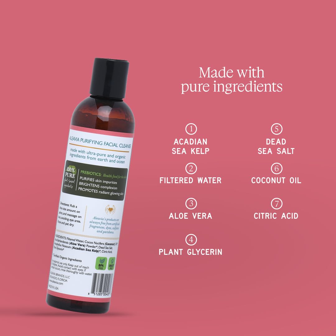Aleavia Purifying Facial Cleanse – Fragrance-Free Organic & All-Natural Prebiotic, Vegan Face Wash – Nourish your Healthy Skin Microbiome – 8 oz.
