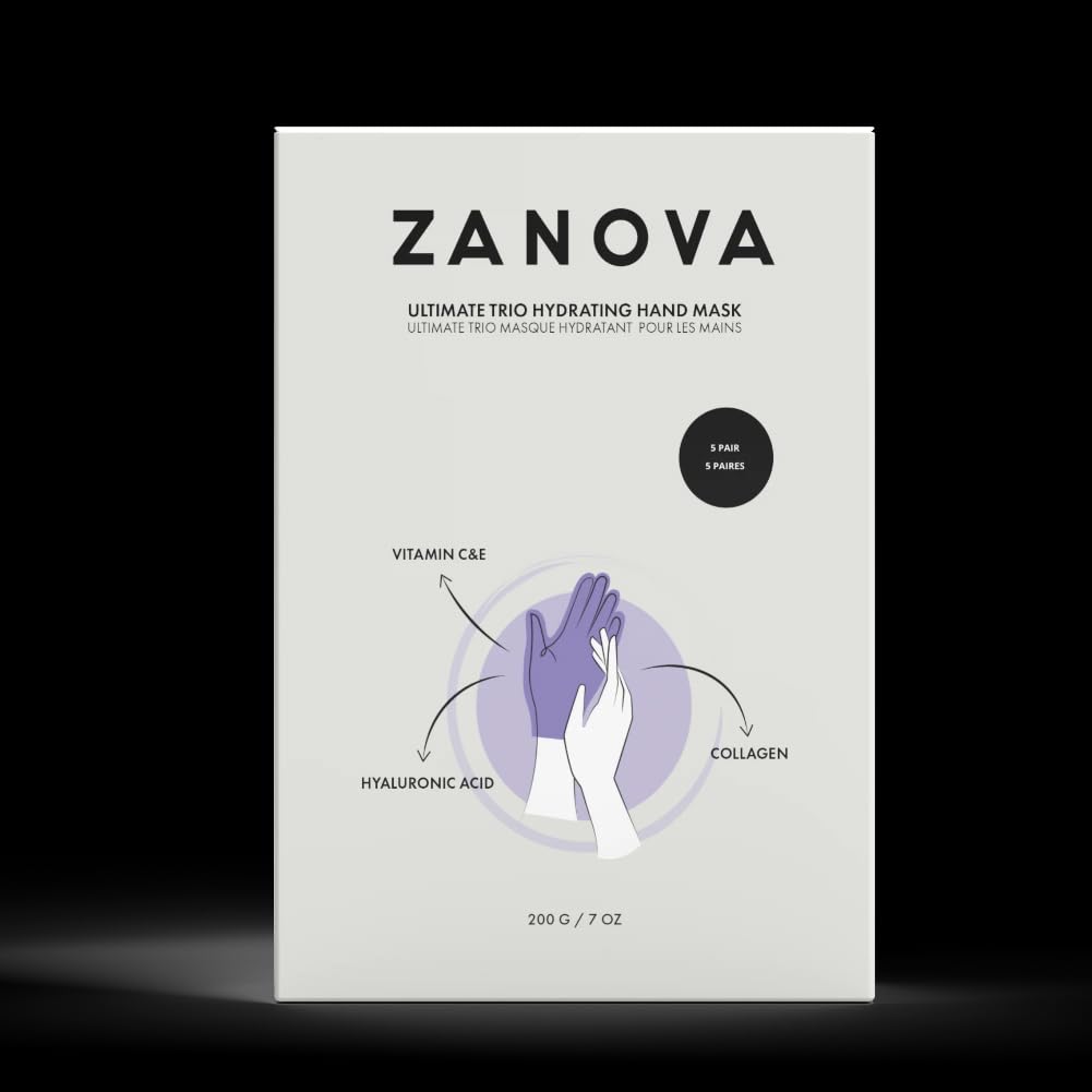 ZANOVA Collagen Treatment Hand Mask - Hyaluronic Acid, Vitamin C & E, for Skin Picking and Nail Biting Damage - Formulated with Ultimate Trio to Soothe Sensitive and Damaged Hands (5 Pairs)