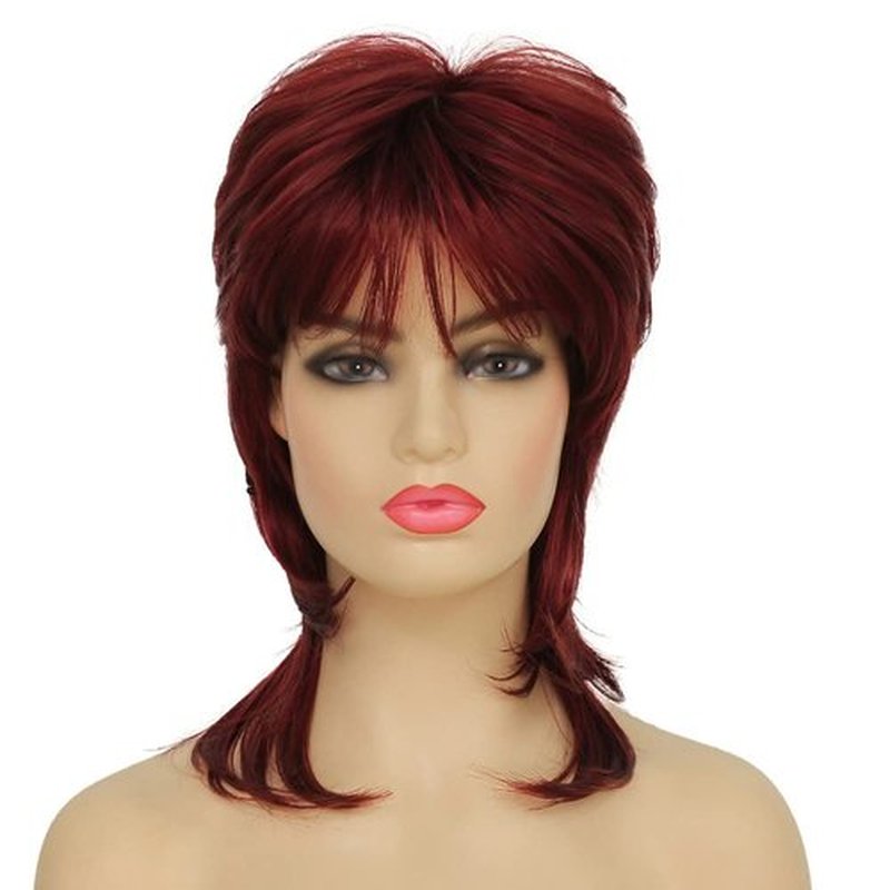 Dai Cloud Short Wine Red Mullet Wig for Women 80s Shaggy Layered Pixie Cut Wigs With Bangs Curly Synthetic Hair Replacement Wigs for White Women Daily Party Cosplay Costume Use