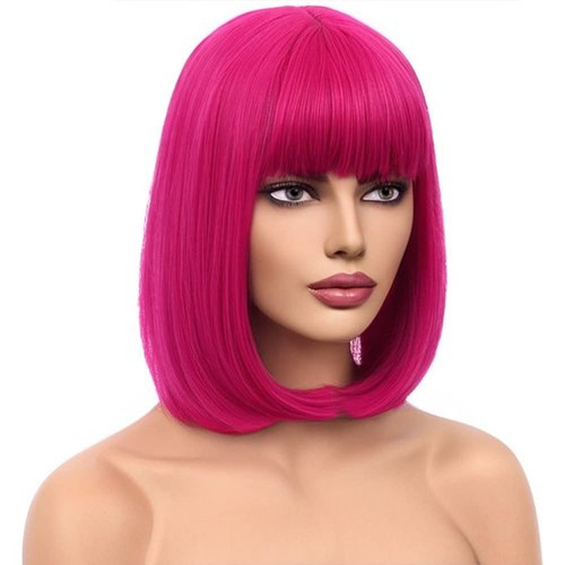 WTHCOS Hot Pink Wig Short Straight Bob Wig with Bangs Rose Red Wigs Women Girls Synthetic Wigs Daily Cosplay Party Wig with Wig Cap