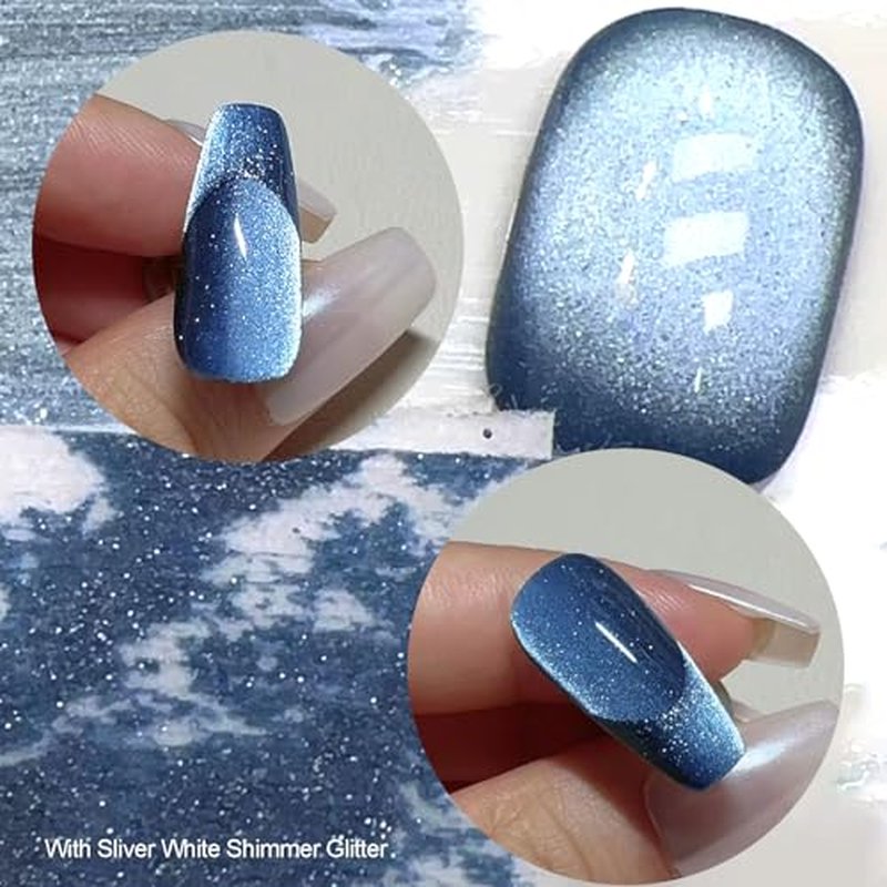 YEPYEPGO Moonlight Cat Eye Gel Nail Polish, Ceramic Jelly Cats Gel Polish with Magnet Stick, Magnetic Cat Eyes Gel Crystal Sock Off Nail Art DIY at Home- Shimmer Navy Blue