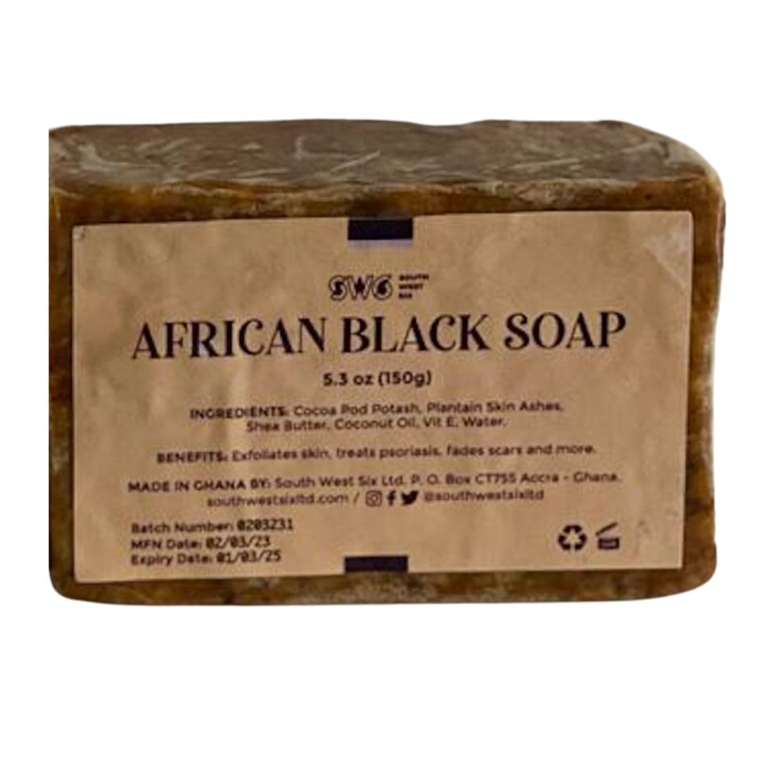 South West Six 100% Raw African Black Soap, 5oz, Prevents Acne, Psoriasis, Eczema, No Burning, with Shea Butter, Vitamin E, Coconut Oil, Made in Ghana