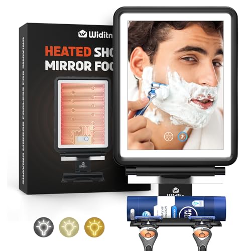 Widitn Shower Mirror Fogless for Shaving, Heated Shower Mirror with Lights, 3 Color Dimmable, Rechargeable Fogless Mirror for Shower, Large Anti-Fog Mirror Shaving Mirror with Razor Holder & Squeegee