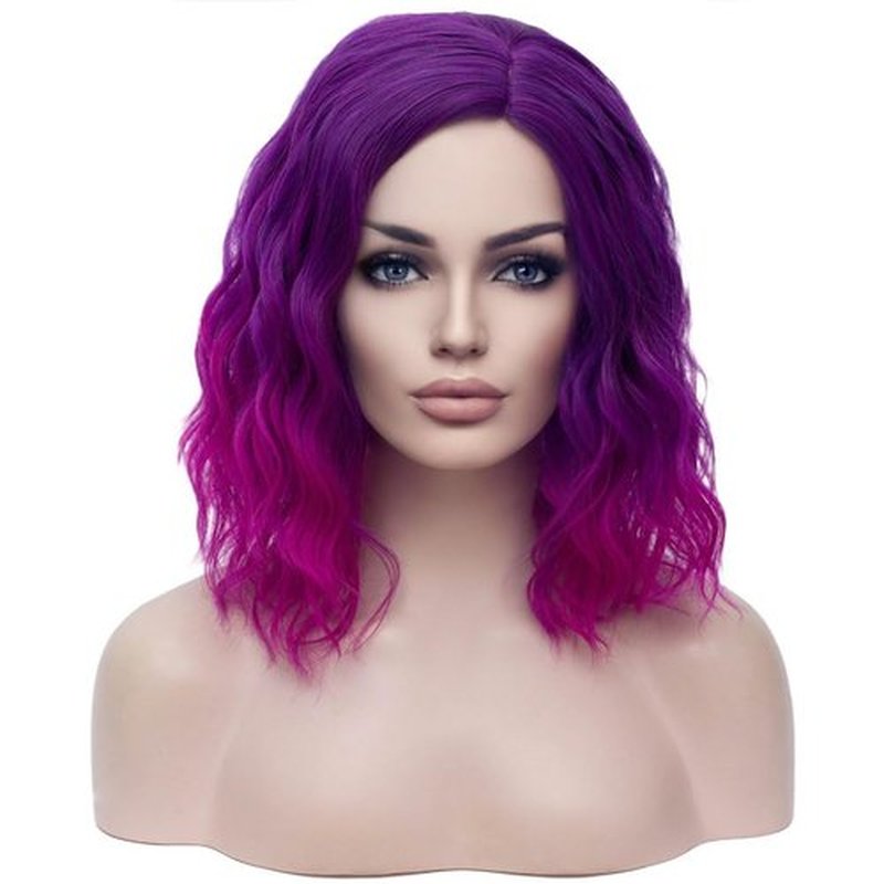BERON Purple Ombre Wigs for Womens Short Curly Wavy Girls Wig Dark Roots Purple Shoulder Length Hair Wig with Heat Resistant Synthetic Cosplay or Daily Used Wigs