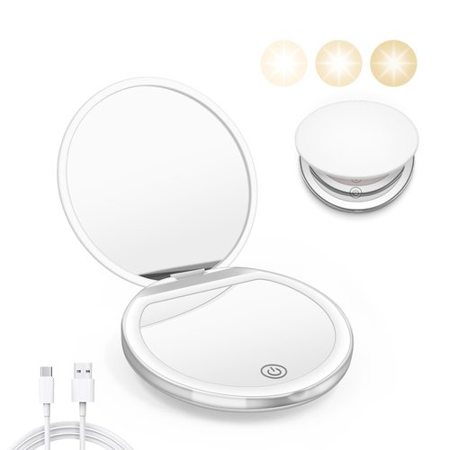 Kakuje Compact Mirror with Light, 1X/3X Magnification LED Pocket Mirror with USB Data Cable,Mini Mirror for Purse, Pocket,Travel and Present (White)