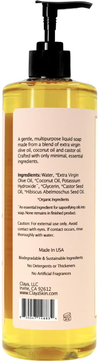 Claya Ambrette Liquid Castile Soap – Organic Ingredients, Biodegradable, Gentle for Sensitive Skin and Versatile Use (16 fl oz (Pump Cap))