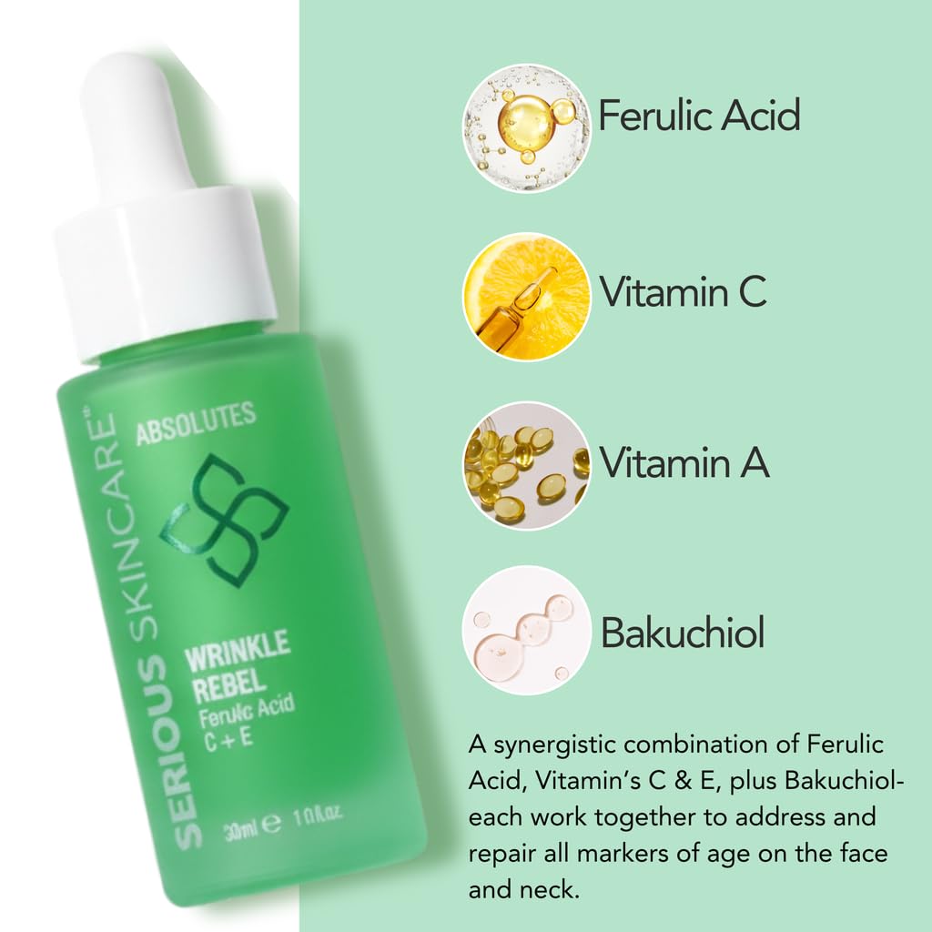 Serious Skincare Vitamin C Face Serum with Ferulic Acid, Bakuchiol, Vitamin E, B5, Absolutes Wrinkle Rebel Anti-Aging Face Serum for Fine Lines, Wrinkles and Dark Spots, 1 oz.