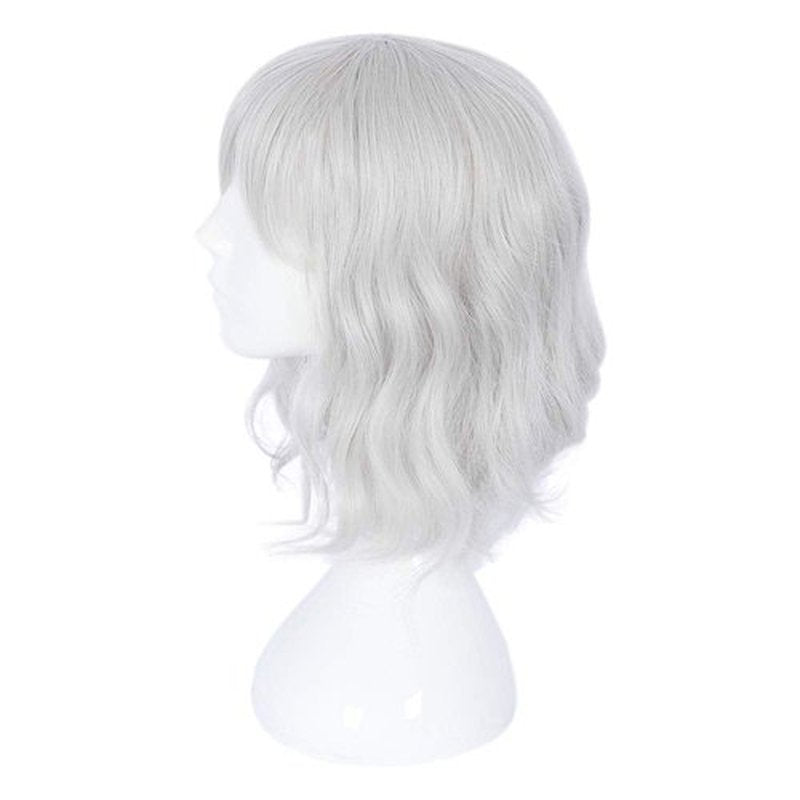 14" Women Short Bob Wig with Bangs Curly Wavy Harajuku Synthetic Cute Daily Halloween Party Cosplay Hair(silver)