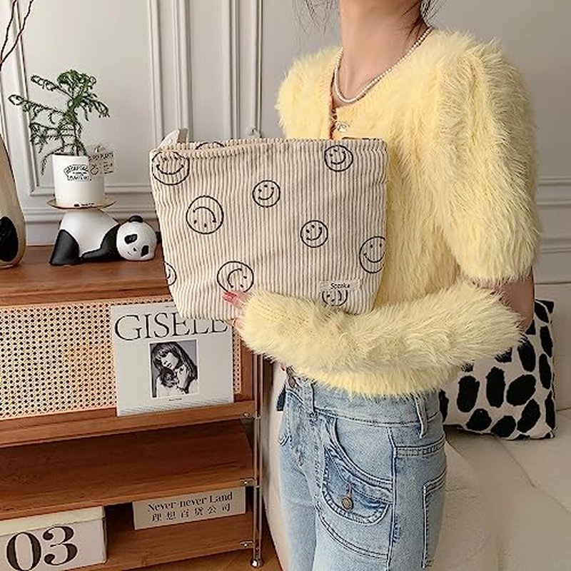 Cosmetic Bags for Women - Corduroy Cosmetic Bag Aesthetic Women Handbags Purses Smile Dots Makeup Organizer Storage Makeup Bag Girls Case Bags (Pure Gray)