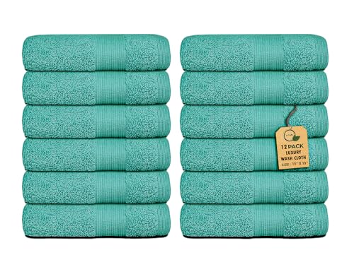 Premium Wash Cloths Pack of 12 (13" x 13" Inches)- 100% Combed Ring Spun Cotton WashCloth - Luxury Washcloths – Ultra Soft Face Towels - Highly Absorbent Wash Cloth for Face (Sea Green)