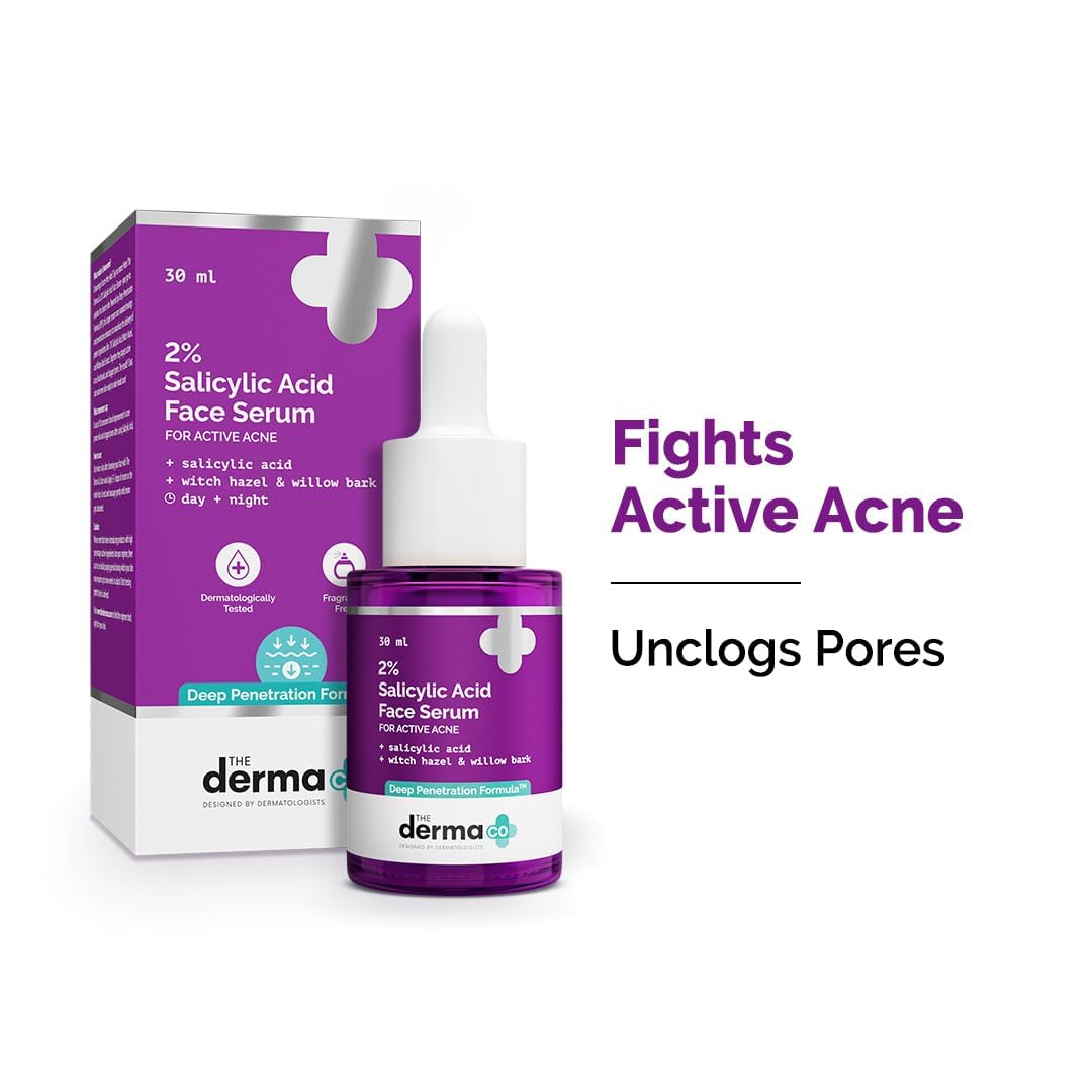 The Derma Co 2% Salicylic Acid Serum for Active Acne | Helps Reduces Acne Marks & Blackheads | Removes Excess Oil & Unclog Pores | Suits All Skin Types | 1.01 Fl Oz/30ml