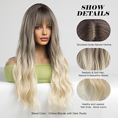 OMELPIS Ombre Brown Blonde Great Wavy Wig Dark Roots Middle Part Long Natural Heat Resistant Fiber Synthetic Curly Wigs for Women Girls Daily Party Holiday Festival Chrismas Travel Use 26 Inches