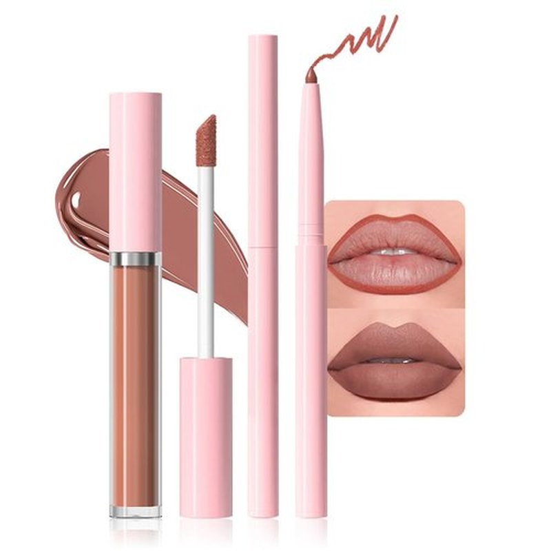 JUAAZIN 1Pcs Lip Liner Pencils and 1 Pcs Lip Gloss Makeup Set, Deep Chestnut Matte Rich Lip Colors Liner Crayon Liquid Lipstick for Sculpting Lips, Long-Lasting Waterproof Longwear Smudge-Proof 03#