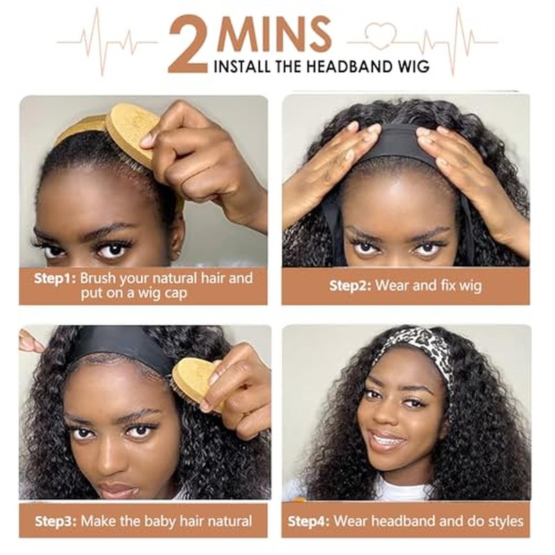 cuiud Headband Wig for Black Women 20Inch Black Curly Wavy Headband Wigs Water Wave Hair Wig Synthetic Black Wigs None Lace Front Wig (Natural Black 1B)