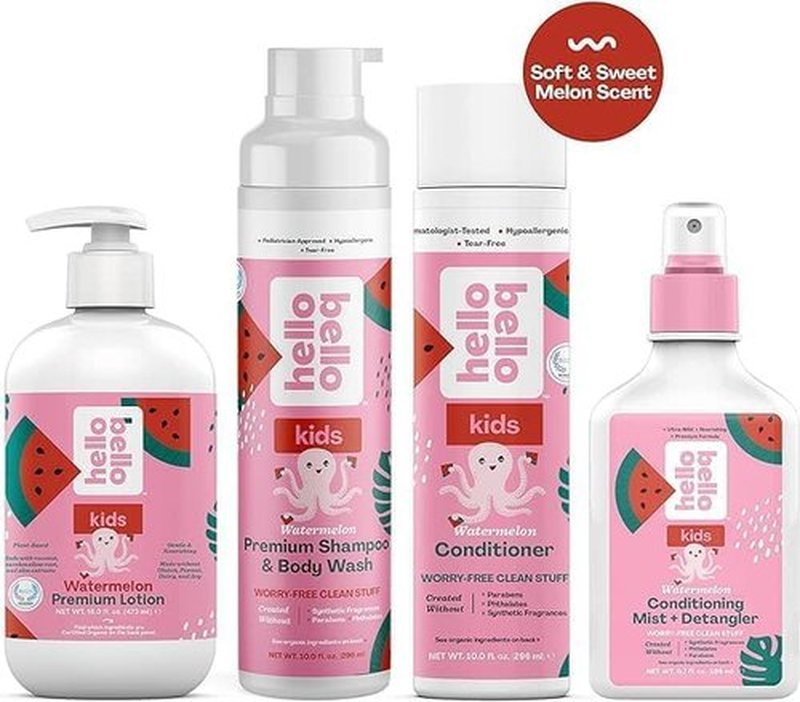 Hello Bello Creamy Coconut Shampoo & Body Wash 10 fl oz, Conditioner 10 Fl Oz, Watermelon Conditioning Mist + Detangler - Gentle, Hypoallergenic, Dermatologist-Tested, Vegan